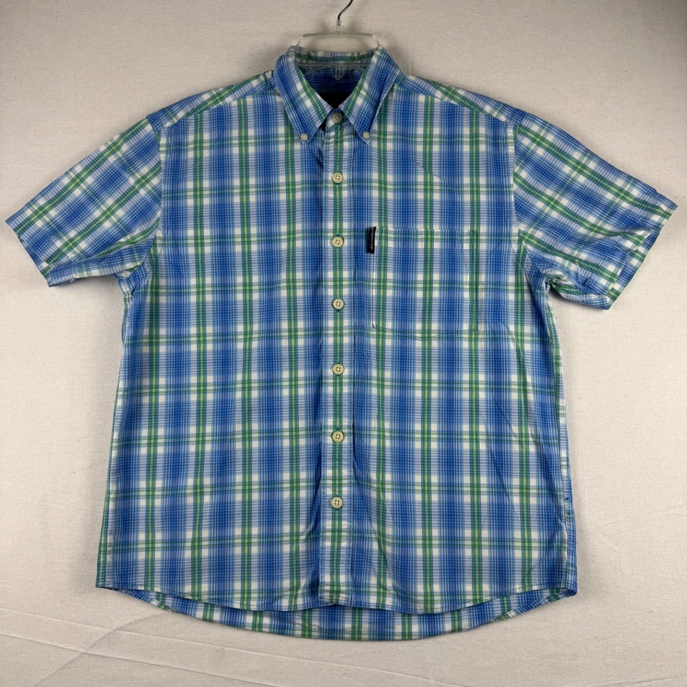 Abercrombie Mens Large Blue Green Plaid Short Sleeve Button Down Cotton Shirt
